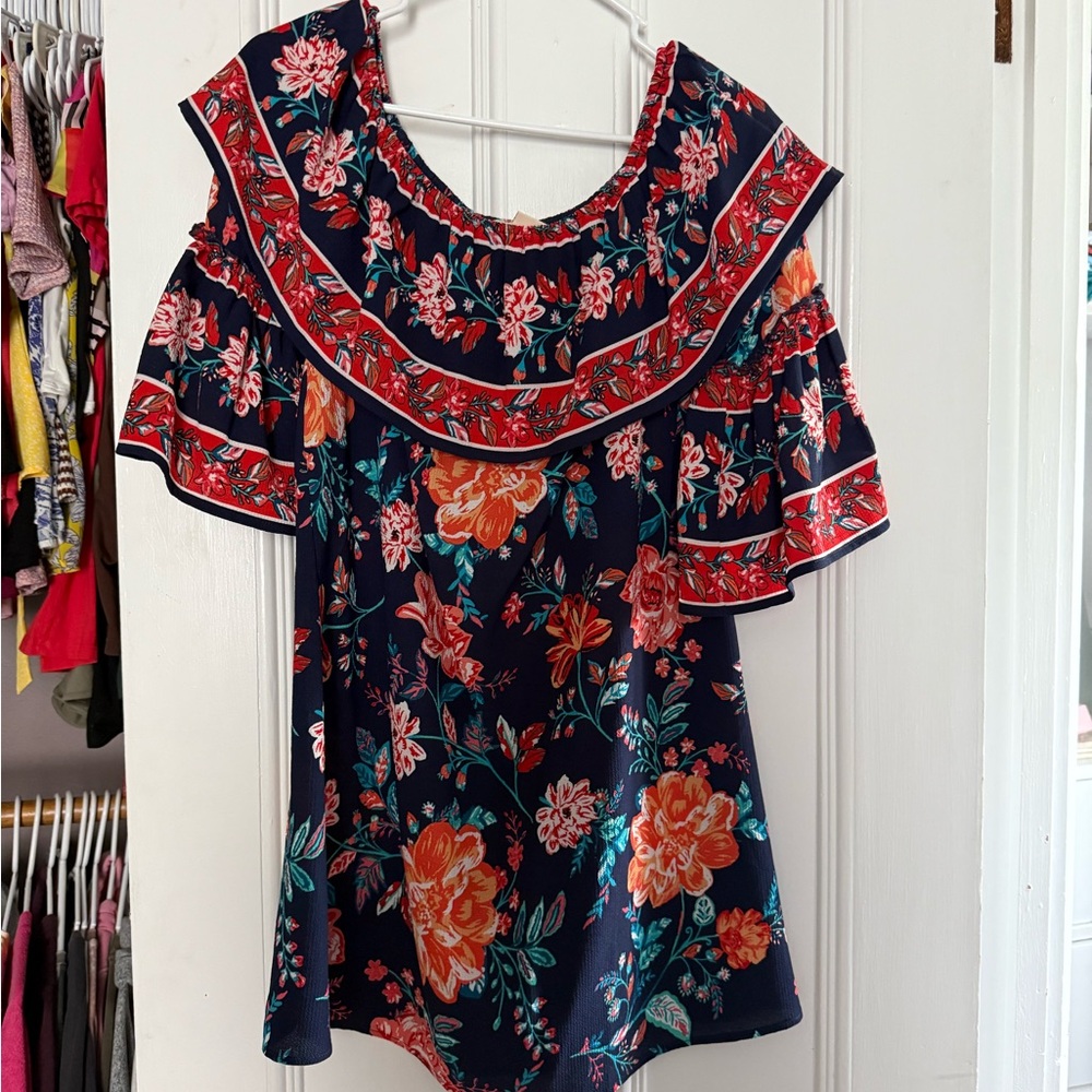 Flying Tomato Navy Floral Ruffle Blouse